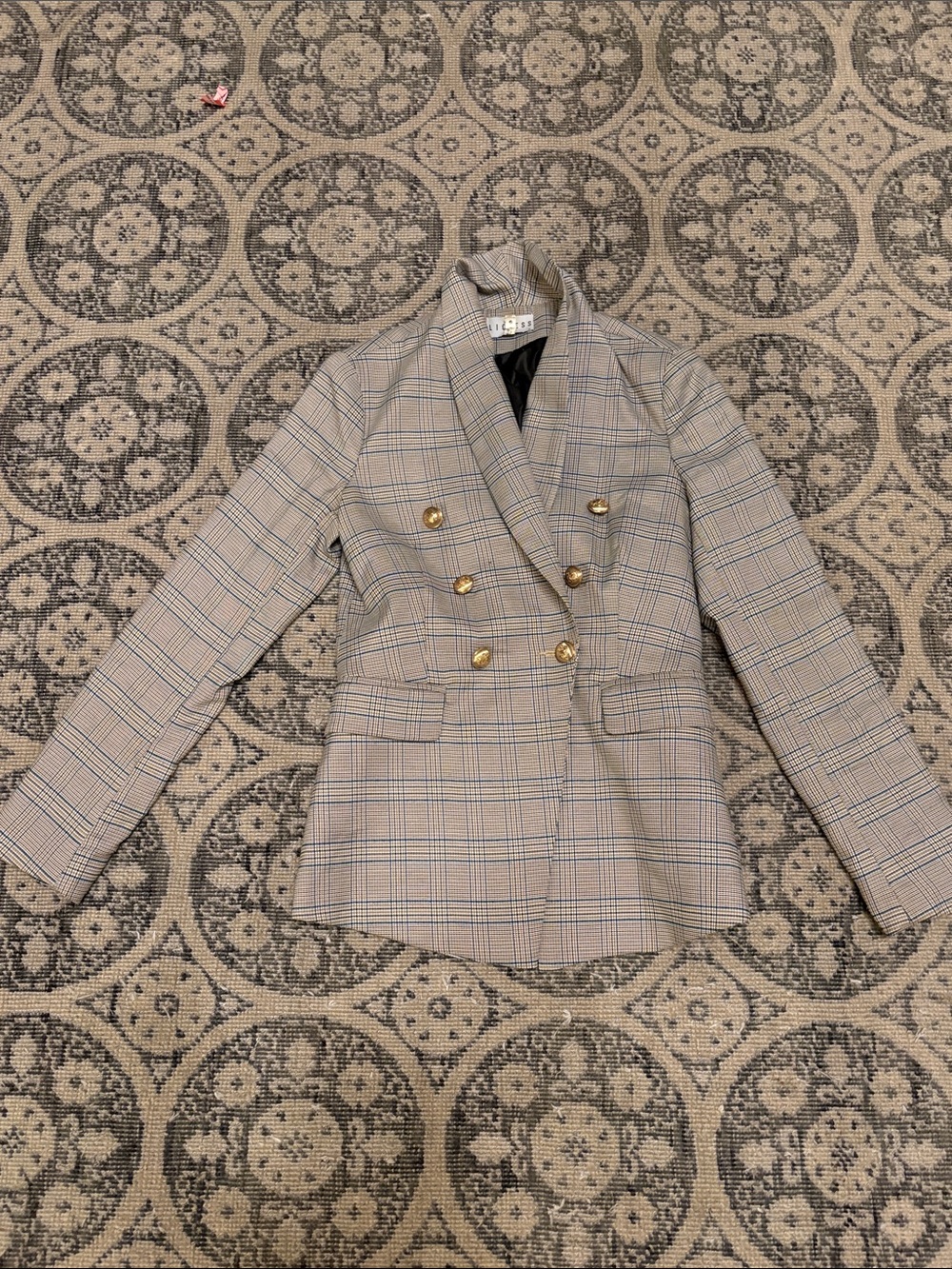 Lioness Palermo Beige Plaid Double-Breasted Blazer with Gold Buttons